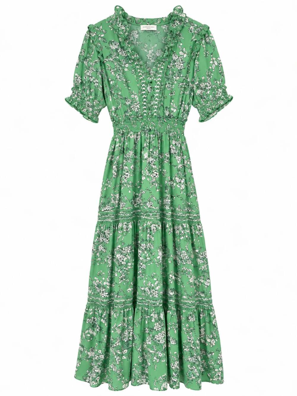 Max Studio Ruffle Collar Print Tiered Maxi Dress in Green (r1)